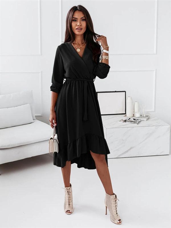 Lange Jurk met V-hals en Rimpelrok - Midi Dresses - Jurkjes.co