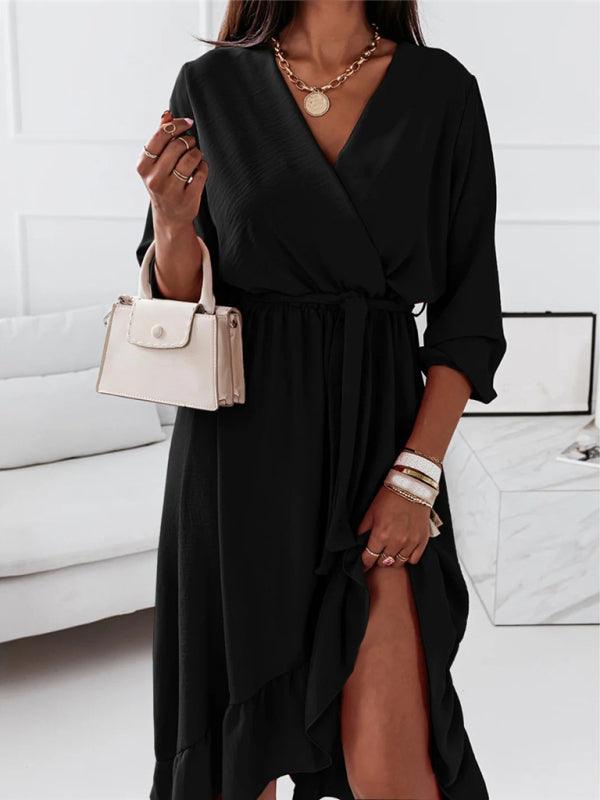 Lange Jurk met V-hals en Rimpelrok - Midi Dresses - Jurkjes.co