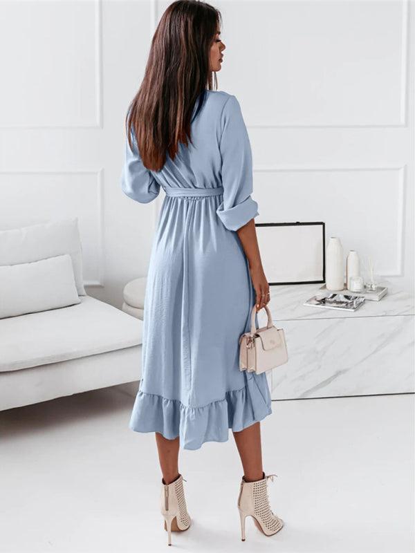 Lange Jurk met V-hals en Rimpelrok - Midi Dresses - Jurkjes.co
