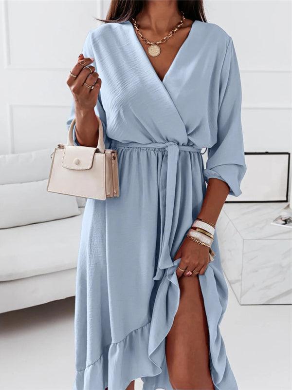 Lange Jurk met V-hals en Rimpelrok - Midi Dresses - Jurkjes.co