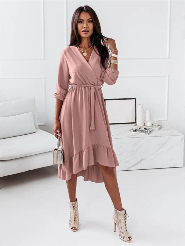 Lange Jurk met V-hals en Rimpelrok - Midi Dresses - Jurkjes.co