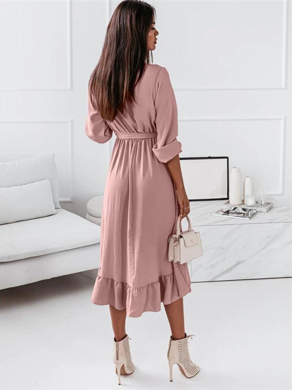 Lange Jurk met V-hals en Rimpelrok - Midi Dresses - Jurkjes.co