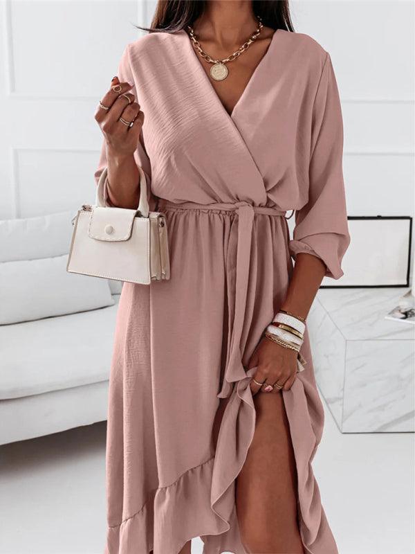 Lange Jurk met V-hals en Rimpelrok - Midi Dresses - Jurkjes.co