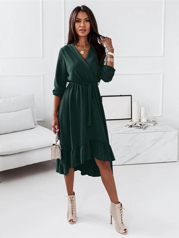Lange Jurk met V-hals en Rimpelrok - Midi Dresses - Jurkjes.co