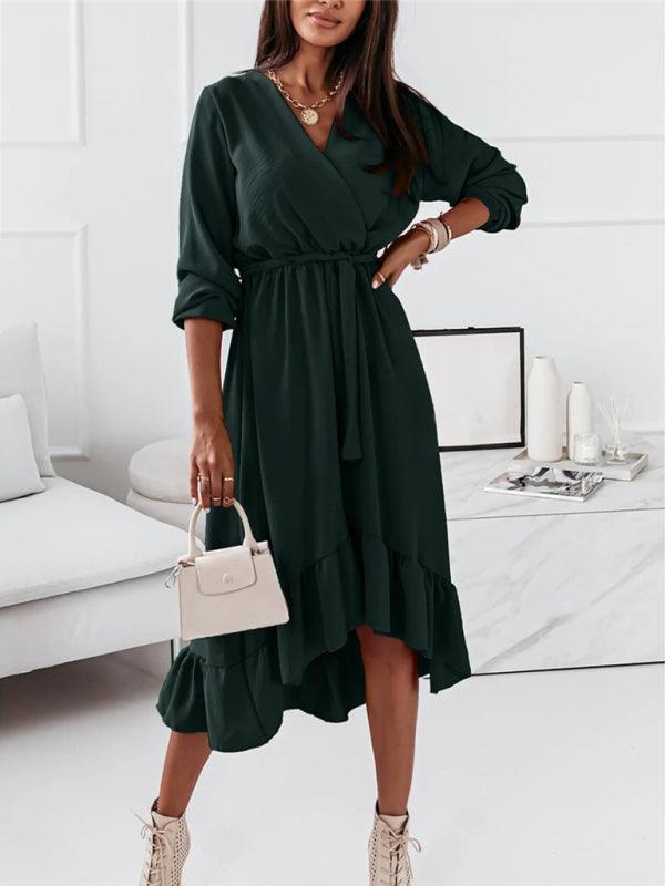 Lange Jurk met V-hals en Rimpelrok - Midi Dresses - Jurkjes.co