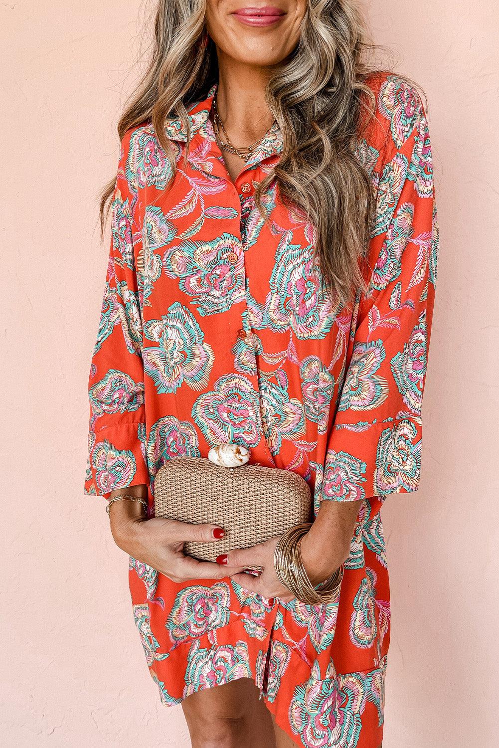 Losse Mini Jurk met Reverskraag en Bloemenprint - Floral Dresses - Jurkjes.co