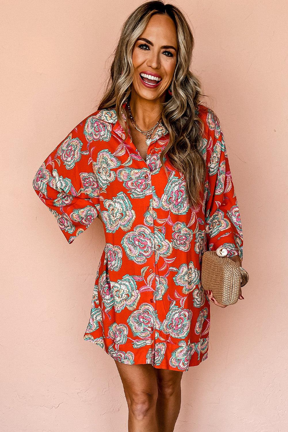 Losse Mini Jurk met Reverskraag en Bloemenprint - Floral Dresses - Jurkjes.co