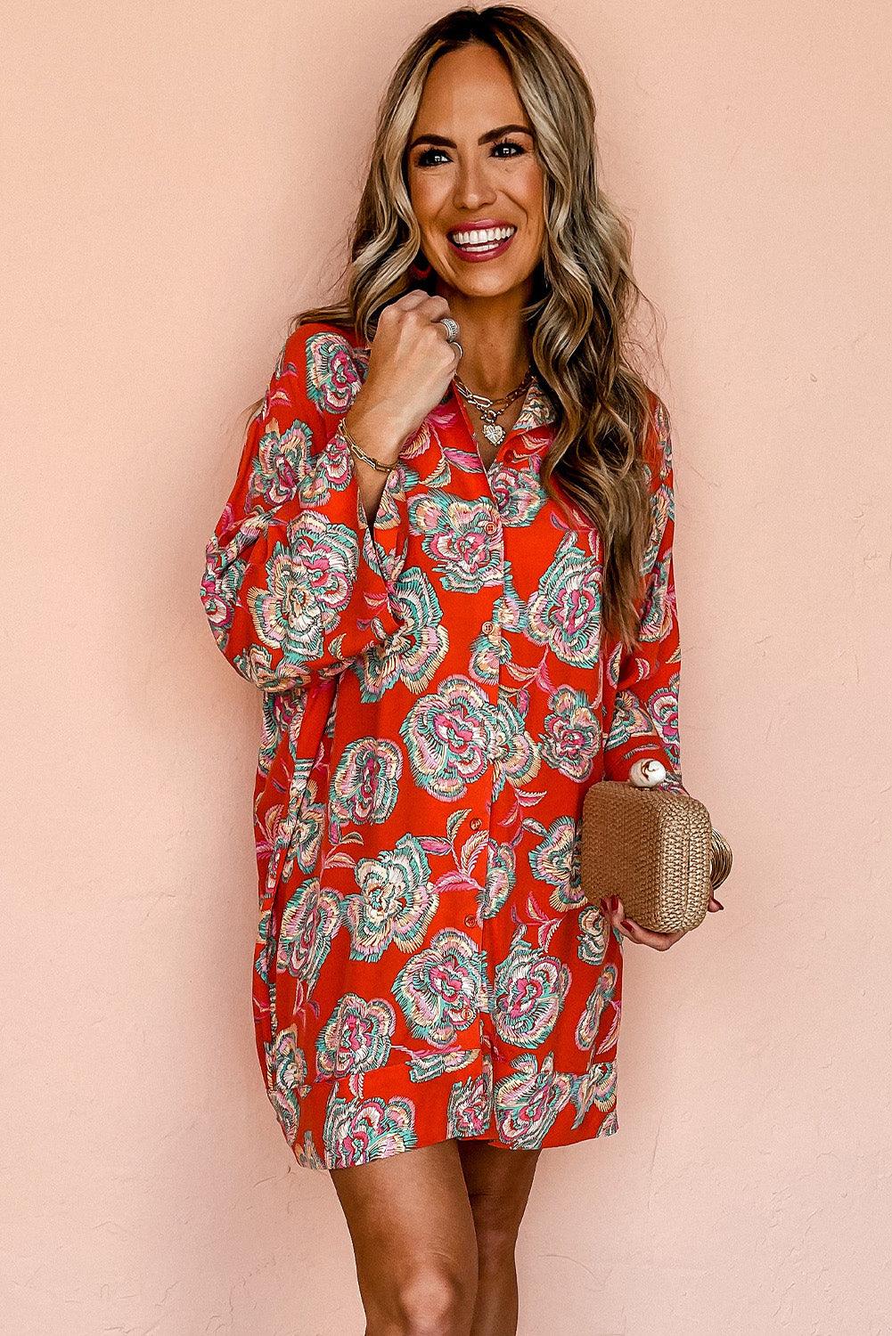 Losse Mini Jurk met Reverskraag en Bloemenprint - Floral Dresses - Jurkjes.co