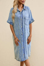 Losvallende Chambray Overhemdjurk met Korte Mouwen - Midi Dresses - Jurkjes.co