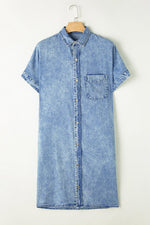 Losvallende Chambray Overhemdjurk met Korte Mouwen - Midi Dresses - Jurkjes.co