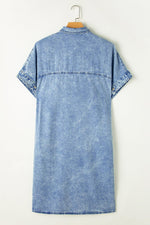 Losvallende Chambray Overhemdjurk met Korte Mouwen - Midi Dresses - Jurkjes.co