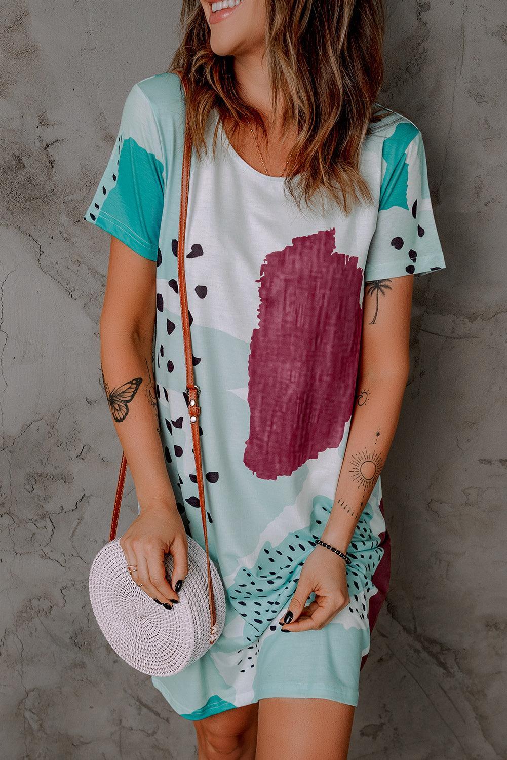 Luipaard Gemêleerd Colorblock Mini Jurk - T Shirt Dresses - Jurkjes.co