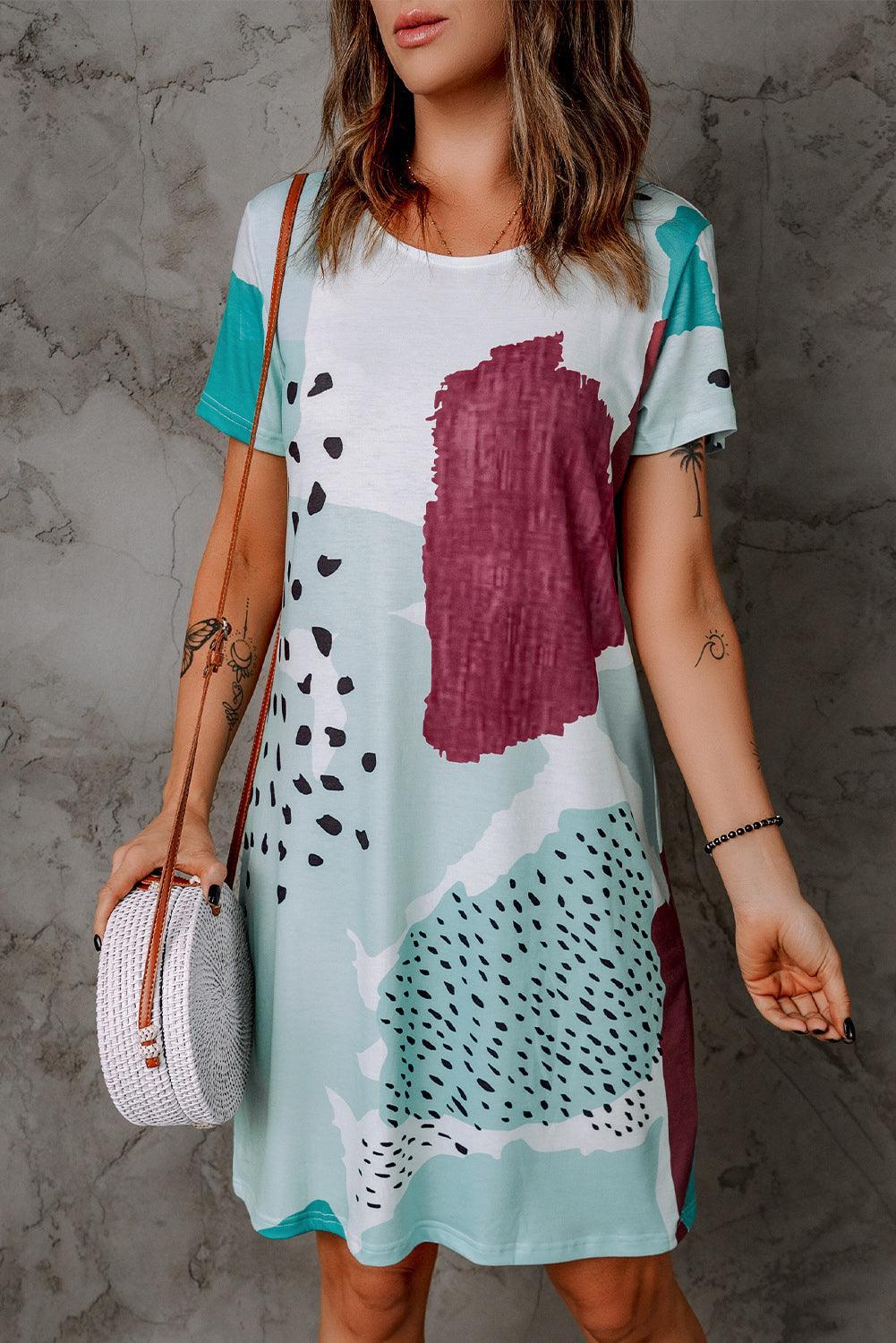Luipaard Gemêleerd Colorblock Mini Jurk - T Shirt Dresses - Jurkjes.co