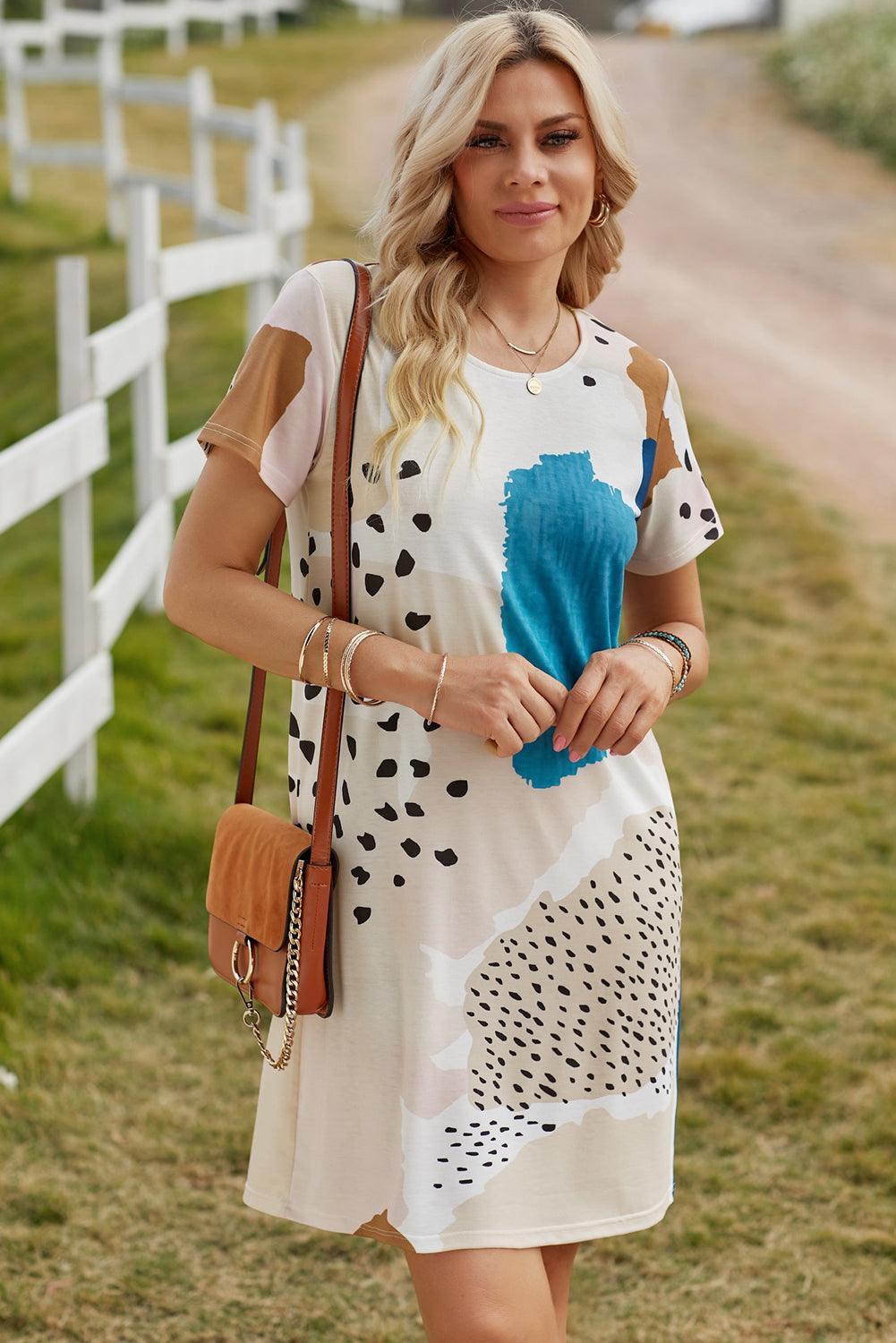 Luipaard Gemêleerd Colorblock Mini Jurk - T Shirt Dresses - Jurkjes.co
