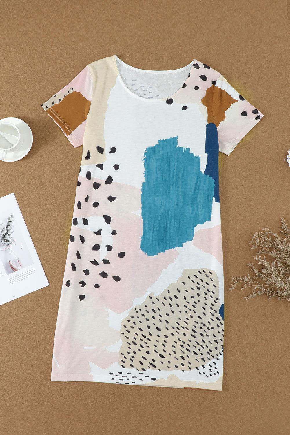 Luipaard Gemêleerd Colorblock Mini Jurk - T Shirt Dresses - Jurkjes.co