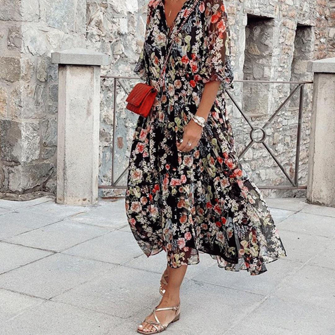 Maxi Jurk met Bloemenprint en Ruches - Dresses - Jurkjes.co