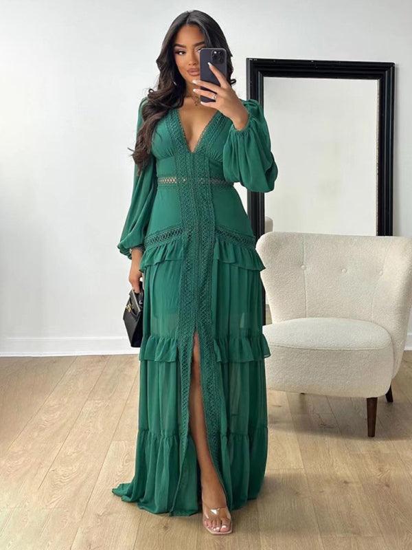 Maxi Jurk met Diepe V-hals en Gelaagd Ontwerp - Maxi Dresses - Jurkjes.co