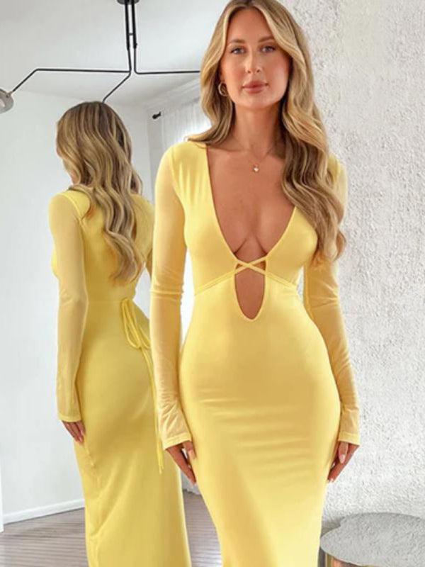 Maxi Jurk met Diepe V-hals in Effen Kleur - Maxi Dresses - Jurkjes.co