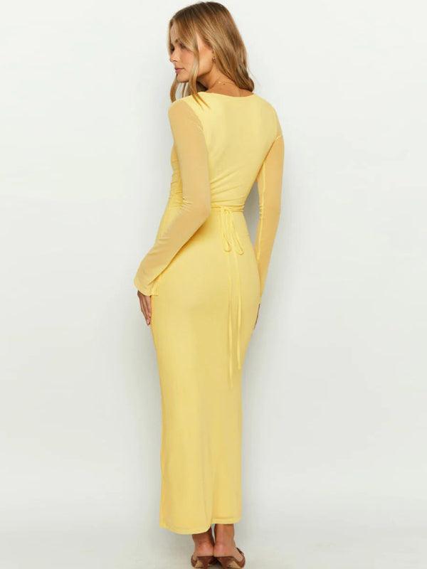 Maxi Jurk met Diepe V-hals in Effen Kleur - Maxi Dresses - Jurkjes.co
