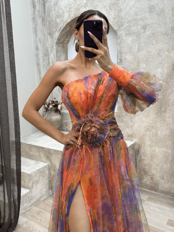 Maxi Jurk met Eén Schouder en Bloemenprint - Maxi Dresses - Jurkjes.co