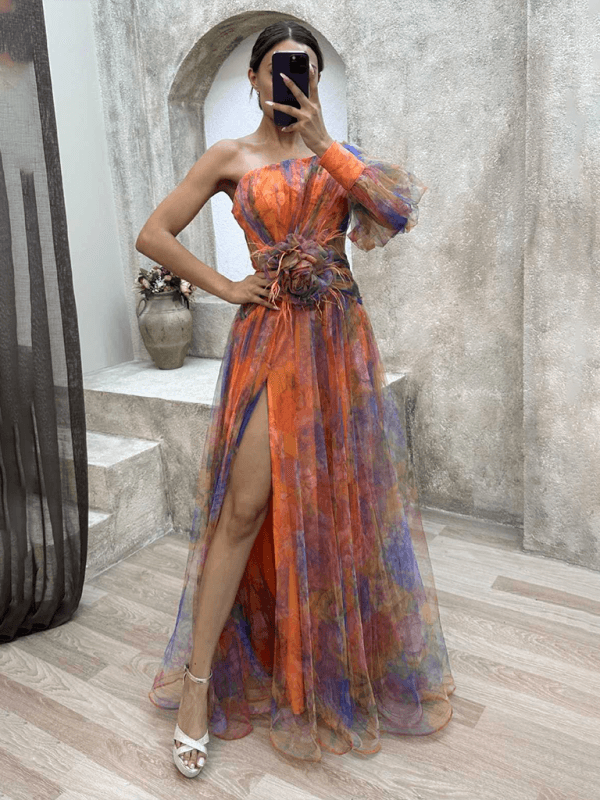 Maxi Jurk met Eén Schouder en Bloemenprint - Maxi Dresses - Jurkjes.co