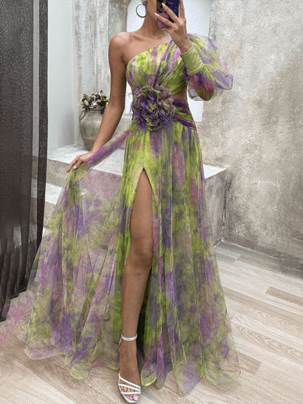 Maxi Jurk met Eén Schouder en Bloemenprint - Maxi Dresses - Jurkjes.co