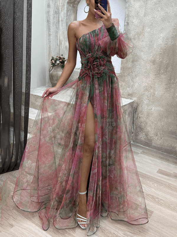 Maxi Jurk met Eén Schouder en Bloemenprint - Maxi Dresses - Jurkjes.co