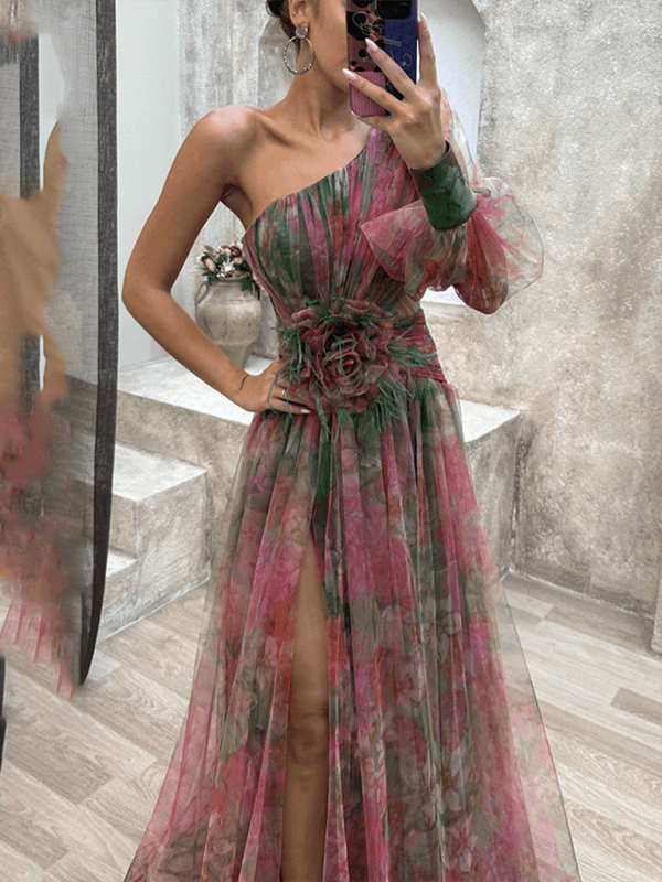 Maxi Jurk met Eén Schouder en Bloemenprint - Maxi Dresses - Jurkjes.co