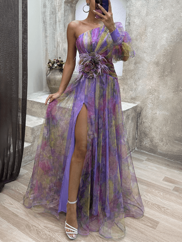 Maxi Jurk met Eén Schouder en Bloemenprint - Maxi Dresses - Jurkjes.co