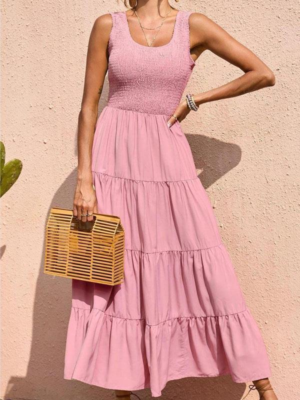 Maxi Jurk met Elastische Taille en Effen Kleur - Maxi Dresses - Jurkjes.co