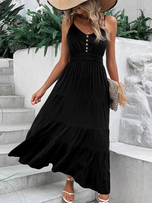Maxi Jurk met Knopsluiting en Gelaagde Rok - Midi Dresses - Jurkjes.co