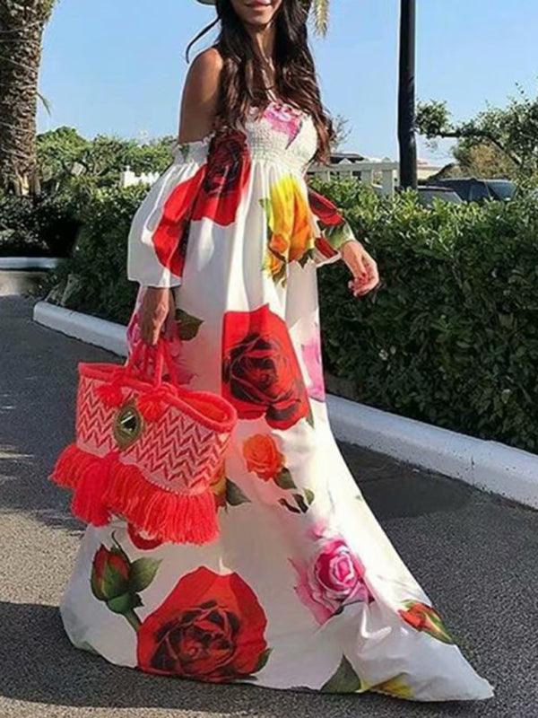 Maxi Jurk met Off-Shoulder en Bloemenprint - Maxi Dresses - Jurkjes.co
