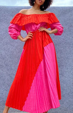 Maxi Jurk met Off-the-Shoulder en Kleurblokken - Maxi Dresses - Jurkjes.co