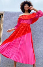 Maxi Jurk met Off-the-Shoulder en Kleurblokken - Maxi Dresses - Jurkjes.co