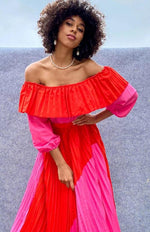 Maxi Jurk met Off-the-Shoulder en Kleurblokken - Maxi Dresses - Jurkjes.co