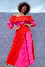 Maxi Jurk met Off-the-Shoulder en Kleurblokken - Maxi Dresses - Jurkjes.co