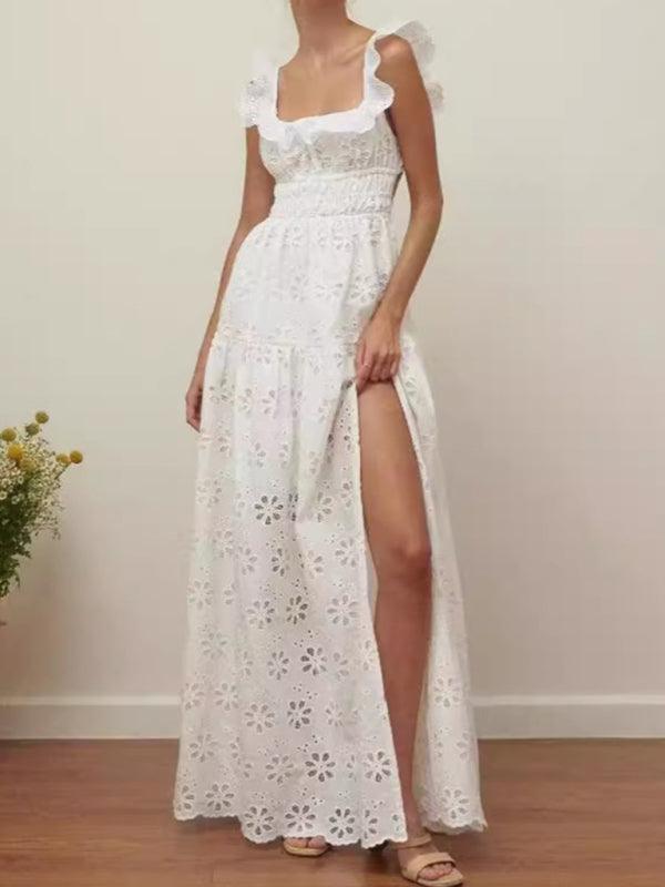 Maxi Jurk met Rimpelbandjes en Bloemenuitsnijdingen - Maxi Dresses - Jurkjes.co