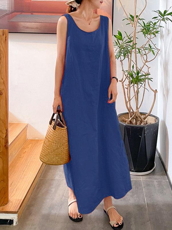 Maxi Jurk met Ronde Hals en Effen Kleur - Maxi Dresses - Jurkjes.co