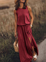 Maxi Jurk met Ronde Hals en Zijsplit - Maxi Dresses - Jurkjes.co