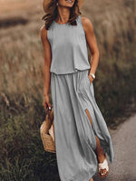 Maxi Jurk met Ronde Hals en Zijsplit - Maxi Dresses - Jurkjes.co