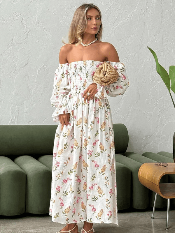 Maxi Jurk met Schoudervrije Hals en Bloemenprint - Maxi Dresses - Jurkjes.co