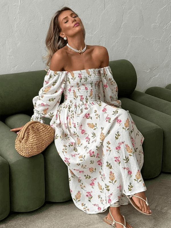 Maxi Jurk met Schoudervrije Hals en Bloemenprint - Maxi Dresses - Jurkjes.co