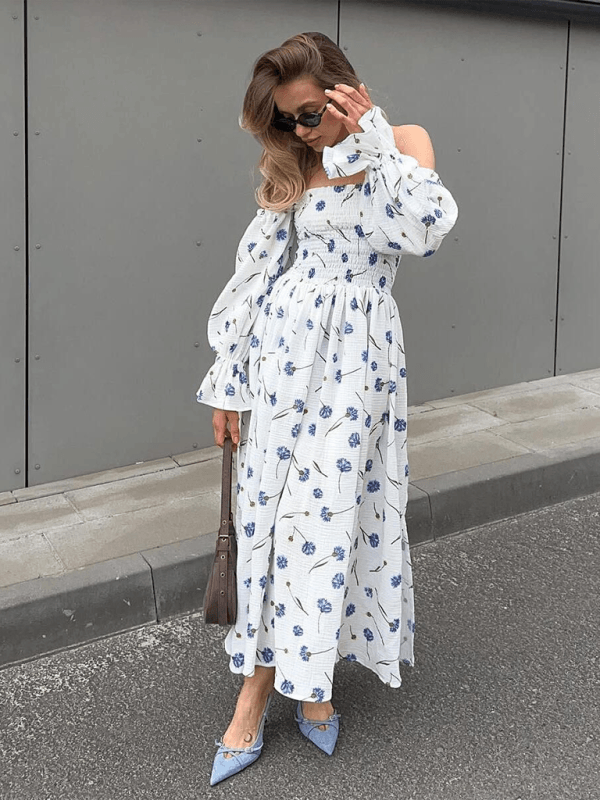 Maxi Jurk met Schoudervrije Hals en Bloemenprint - Maxi Dresses - Jurkjes.co