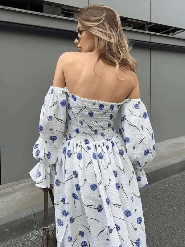 Maxi Jurk met Schoudervrije Hals en Bloemenprint - Maxi Dresses - Jurkjes.co