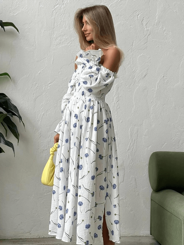Maxi Jurk met Schoudervrije Hals en Bloemenprint - Maxi Dresses - Jurkjes.co