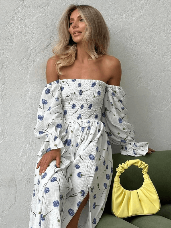Maxi Jurk met Schoudervrije Hals en Bloemenprint - Maxi Dresses - Jurkjes.co