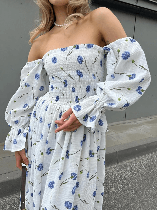 Maxi Jurk met Schoudervrije Hals en Bloemenprint - Maxi Dresses - Jurkjes.co
