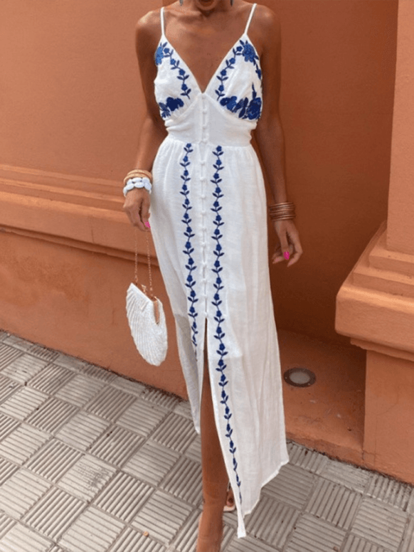 Maxi Jurk met Spaghetti Bandjes en Borduursel - Maxi Dresses - Jurkjes.co