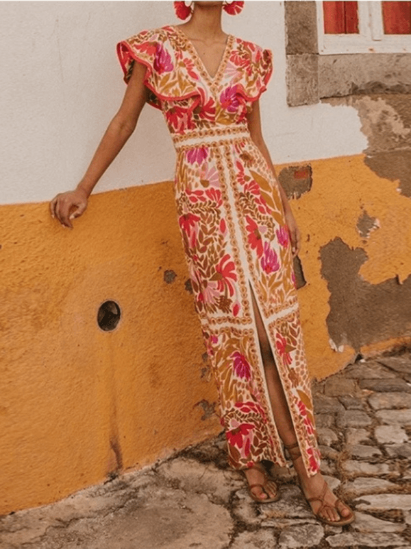 Maxi Jurk met V-hals en Bloemenprint - Group5 - Jurkjes.co