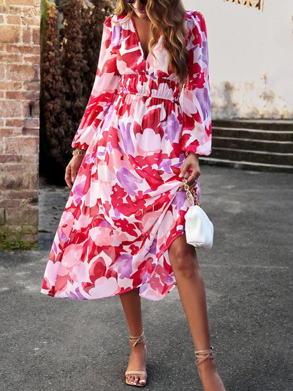 Maxi Jurk met V-hals en Bloemenprint - Midi Dresses - Jurkjes.co